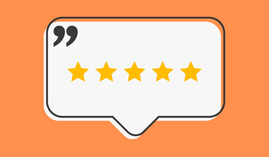 A speech bubble with five gold stars inside, symbolizing a five-star review, on an orange background. This image represents how to respond to positive reviews effectively.