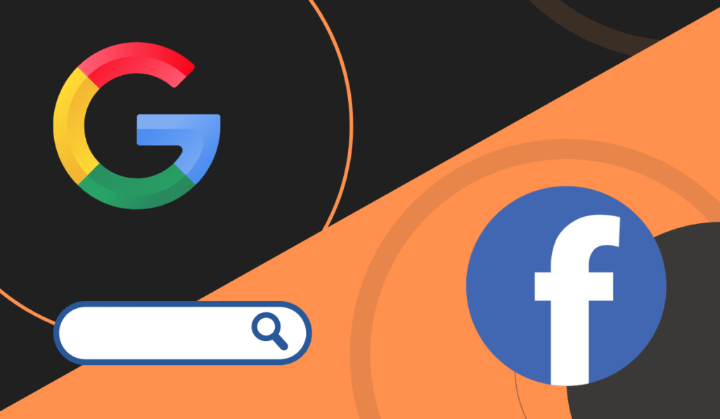 Illustration comparing Google Ads vs. Facebook Ads, with the Google logo and a search bar on one side and the Facebook logo on the other, representing the contrast between search-based and social media advertising platforms.